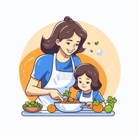 Illustration for Mother and daughter cooking together. Vector illustration in cartoon style on white background. - Royalty Free Image