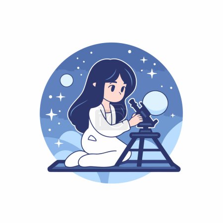 Illustration for Astronaut girl with telescope. Vector illustration in flat style. - Royalty Free Image