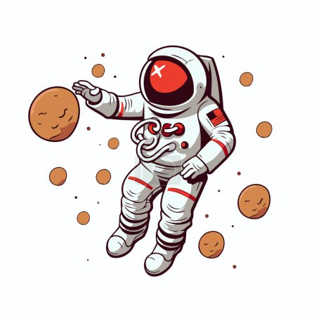 Illustration for Astronaut flying in space and holding planet. Vector illustration. - Royalty Free Image