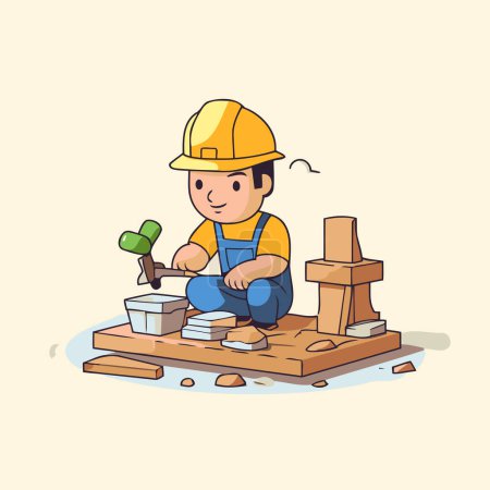 Illustration for Cute little boy building a house. Vector illustration in cartoon style. - Royalty Free Image