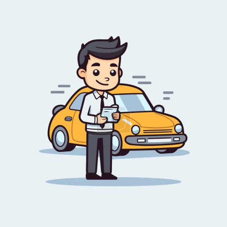 Téléchargez les illustrations : Homme d'affaires avec téléphone et voiture. Illustration vectorielle. Cartoon style. - en licence libre de droit