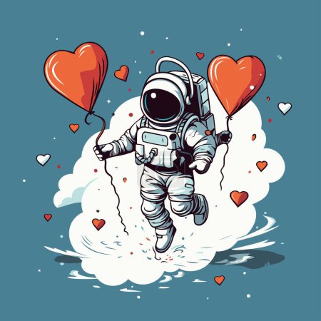 Illustration for Astronaut flying in the sky with hearts. Vector illustration. - Royalty Free Image