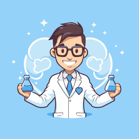Illustration for Vector illustration of a cartoon scientist holding a flask with a solution. - Royalty Free Image