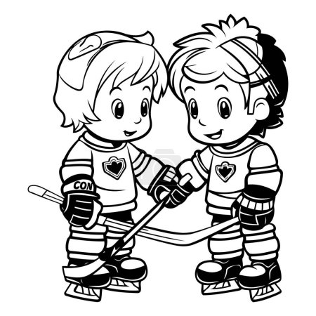 Illustration for Boy and girl playing ice hockey. black and white vector illustration. - Royalty Free Image