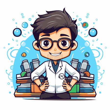 Illustration for Vector illustration of a boy scientist in a laboratory. Cartoon character. - Royalty Free Image