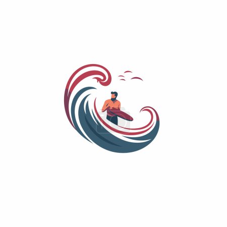 Illustration for Surfing vector logo design template. Surfer with surfboard in ocean waves. - Royalty Free Image