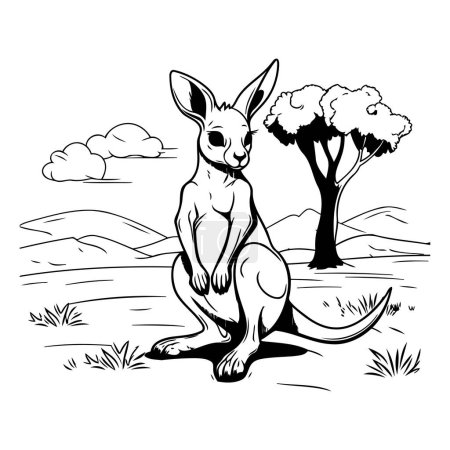 Téléchargez les illustrations : Kangourou dans la nature. Illustration vectorielle noir et blanc. - en licence libre de droit