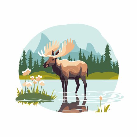 Téléchargez les illustrations : Illustration vectorielle d'un orignal debout dans l'eau sur fond de montagnes. forêt et lac. - en licence libre de droit