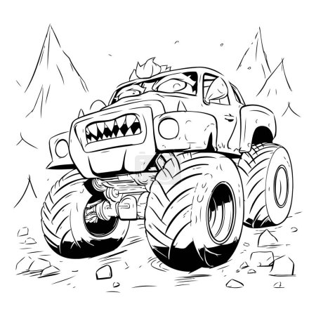 Ilustración de Ilustración de camión monstruo en las montañas sobre un fondo blanco. - Imagen libre de derechos