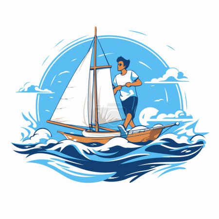 Illustration for Sailing man on a sailboat in the sea. Vector illustration - Royalty Free Image