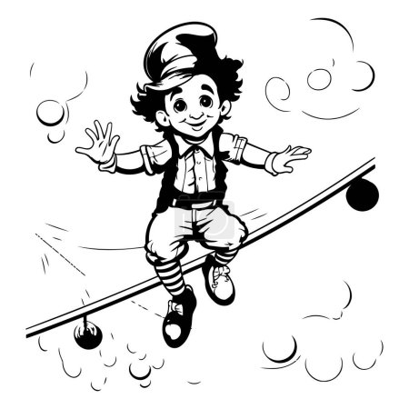 Boy skier jumping on a skateboard. Vector illustration in black and white.