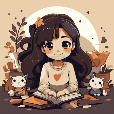 Téléchargez les illustrations : Jolie petite fille lisant un livre. Illustration vectorielle dans le style dessin animé. - en licence libre de droit