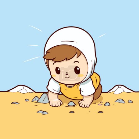 Illustration for Cute little muslim baby in the desert. Vector illustration. - Royalty Free Image