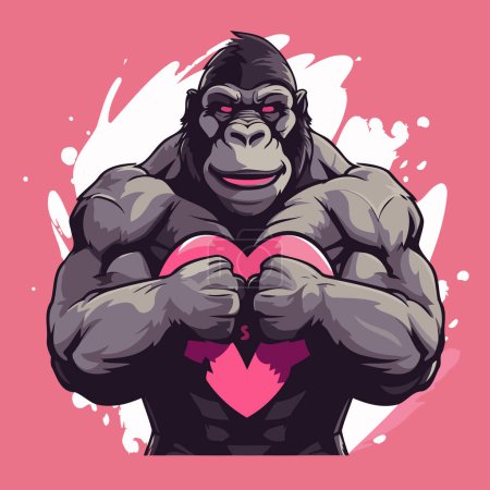 Téléchargez les illustrations : Gorille avec cœur. Illustration vectorielle d'un gorille fort. - en licence libre de droit