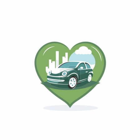 Illustration for Green car in heart shape with cityscape. Vector illustration in flat style. - Royalty Free Image