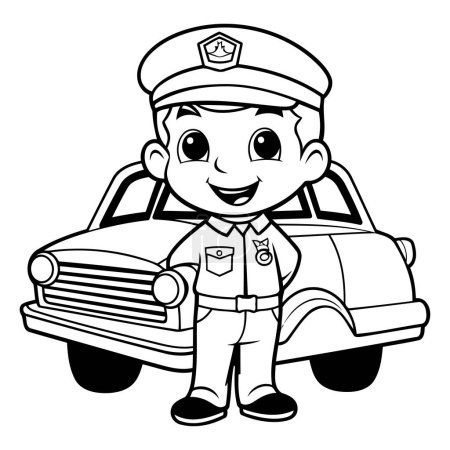 Téléchargez les illustrations : Dessin animé noir et blanc Illustration d'un petit policier ou policier avec une voiture de police - en licence libre de droit