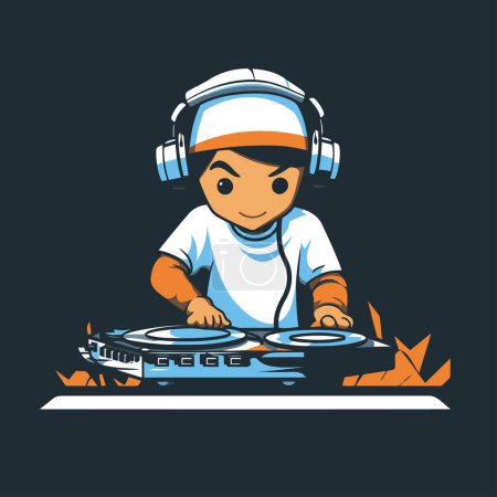 Cute little boy playing on turntables. Vector illustration.
