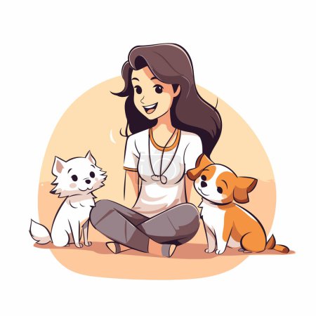 Téléchargez les illustrations : Illustration vectorielle d'une belle jeune femme avec ses chiens. Cartoon style. - en licence libre de droit