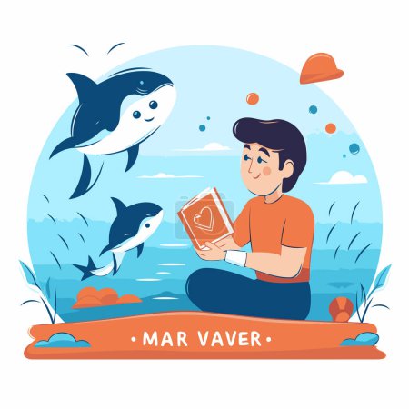 Téléchargez les illustrations : Illustration vectorielle d'un homme avec un livre dans ses mains sur le fond de la mer et une baleine. - en licence libre de droit