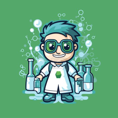 Illustration for Scientist Cartoon Character With Glasses Holding Bottles Of Medicine Vector Illustration - Royalty Free Image