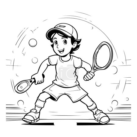 Ilustración de Ilustración de dibujos animados en blanco y negro del niño jugando al tenis Libro para colorear - Imagen libre de derechos