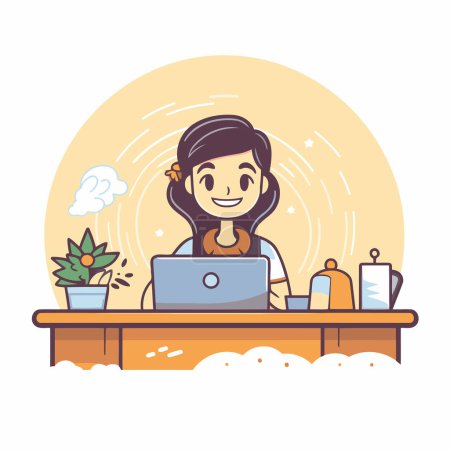 Illustration for Young woman working on laptop at home. Vector illustration in cartoon style. - Royalty Free Image