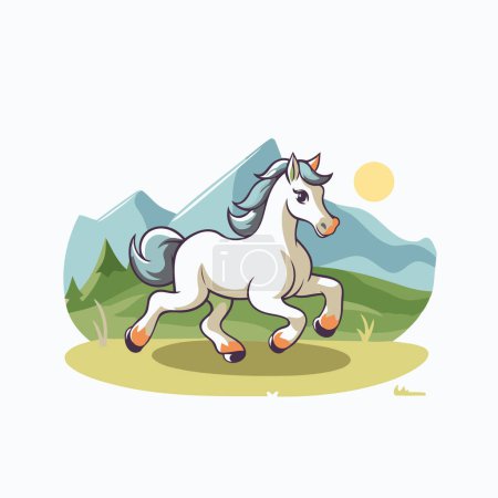 Illustration for White horse running in the meadow. Vector illustration in cartoon style. - Royalty Free Image