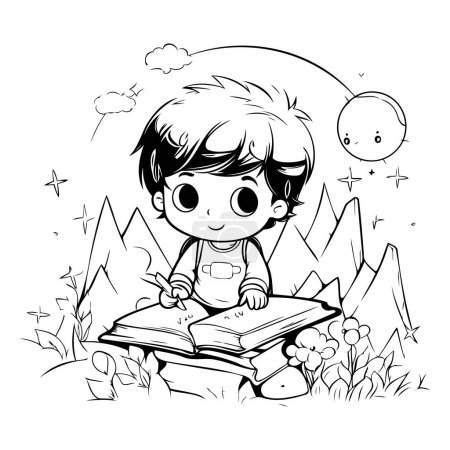 Téléchargez les illustrations : Garçon lisant un livre dans les montagnes. Illustration vectorielle pour livre à colorier. - en licence libre de droit