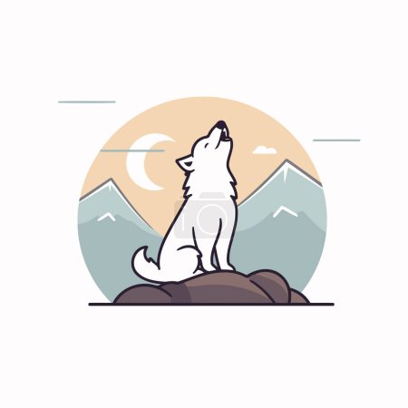 Ilustración vectorial de lobo en estilo plano sobre el fondo de las montañas y la luna
