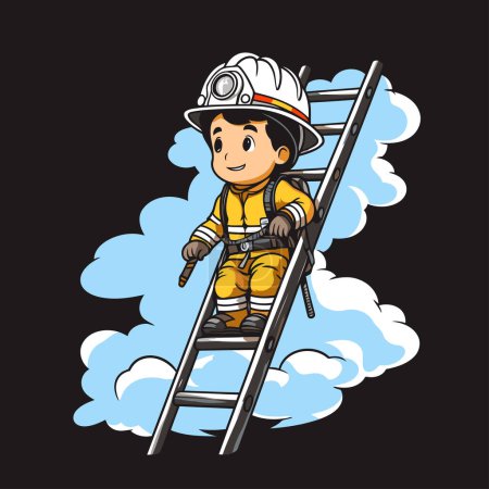 Téléchargez les illustrations : Pompier sur échelle. Illustration vectorielle d'un pompier sur fond de nuages. - en licence libre de droit