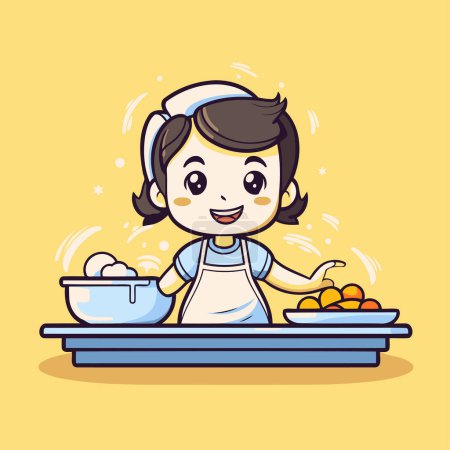 Téléchargez les illustrations : Jolie petite fille gâteau de cuisson dans la cuisine illustration vectorielle conception graphique - en licence libre de droit