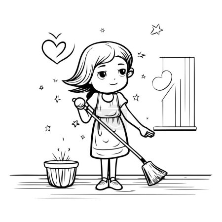 Téléchargez les illustrations : Jolie fille de dessin animé nettoyage de la maison avec un balai. Illustration vectorielle. - en licence libre de droit