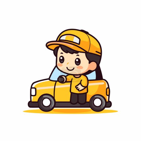 Illustration for Cartoon boy driving a toy car. Vector illustration on white background. - Royalty Free Image