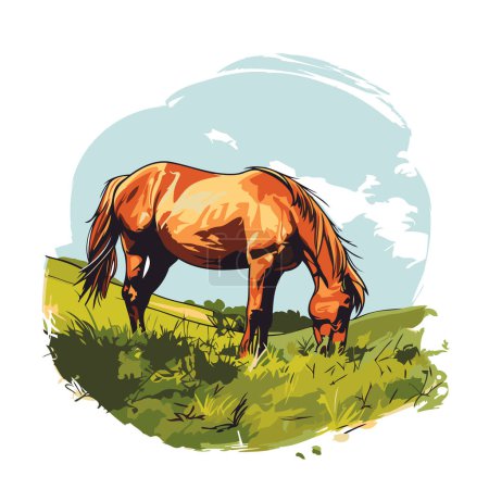 Téléchargez les illustrations : Cheval dans la prairie. Illustration vectorielle d'un cheval sur le terrain. - en licence libre de droit