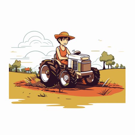 Téléchargez les illustrations : Agriculteur avec tracteur sur le terrain. Illustration vectorielle dans un style plat. - en licence libre de droit