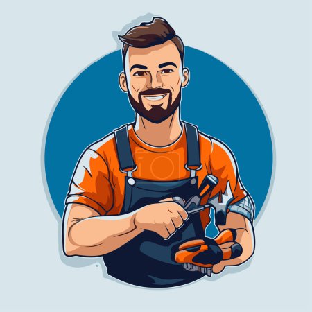Illustration for Handyman with tools in his hands. Vector illustration in cartoon style. - Royalty Free Image