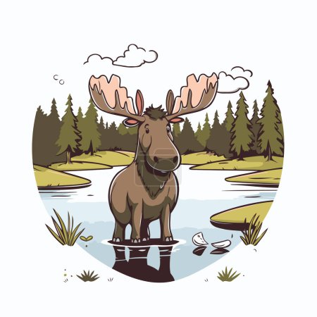 Illustration for Vector illustration of a moose standing on the bank of the river. - Royalty Free Image