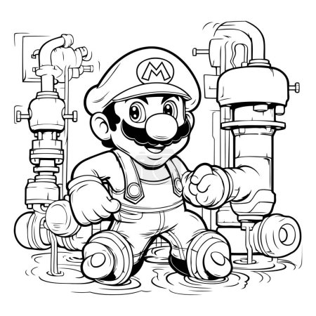 Illustration for Black and White Cartoon Illustration of a Fireman or Fireman Character Wearing a Fireman Costume Posing in a Water Supply - Royalty Free Image