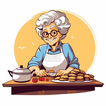 Téléchargez les illustrations : Femme âgée cuisinant sur la cuisine. Illustration vectorielle de dessin animé. - en licence libre de droit