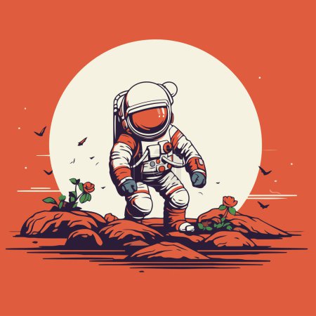 Ilustración de Astronauta en la luna. ilustración vectorial. estilo retro. - Imagen libre de derechos