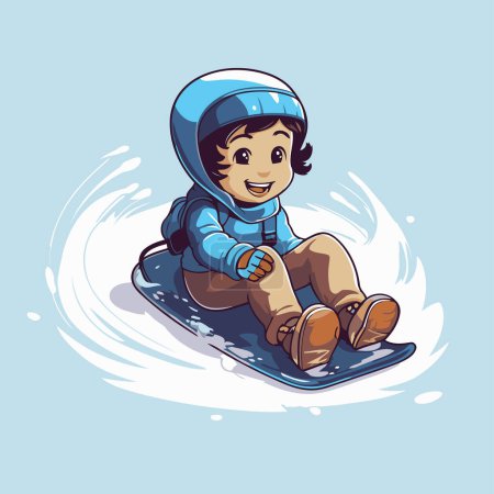 Téléchargez les illustrations : Petit garçon sur un snowboard. Illustration vectorielle dans le style dessin animé. - en licence libre de droit