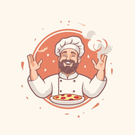 Téléchargez les illustrations : Chef avec pizza. Illustration vectorielle en style dessin animé sur fond blanc. - en licence libre de droit