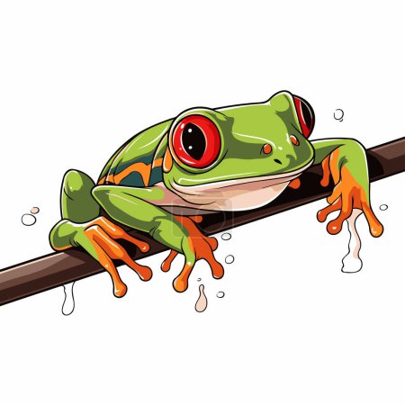 Funny green frog sitting on a branch. Cartoon vector illustration.