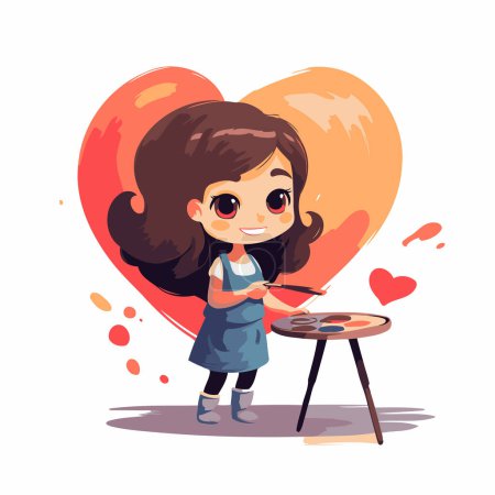 Illustration for Cute little girl painting a heart on a table. Vector illustration - Royalty Free Image