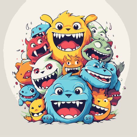 Illustration for Funny monsters group. Vector illustration of cartoon monster characters. Funny monsters group. - Royalty Free Image