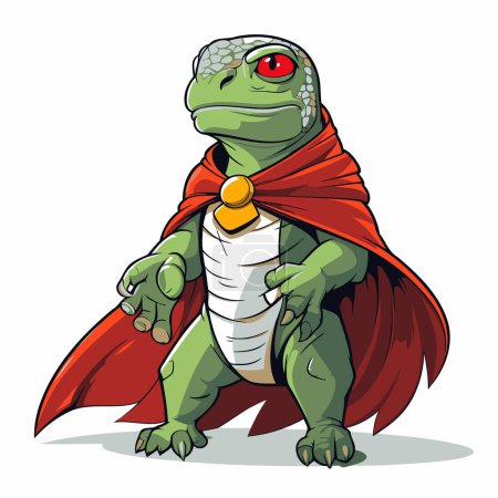 Téléchargez les illustrations : Illustration vectorielle d'un crocodile vert dessin animé portant une cape rouge. - en licence libre de droit