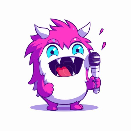 Téléchargez les illustrations : Drôle de monstre dessin animé chantant karaoké avec microphone. Illustration vectorielle - en licence libre de droit