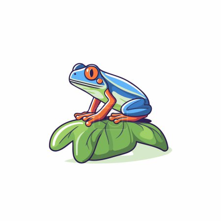 Cartoon frog sitting on a lotus leaf. Vector illustration.
