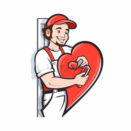 Illustration for Vector illustration of a red heart with a plumber holding a wrench - Royalty Free Image