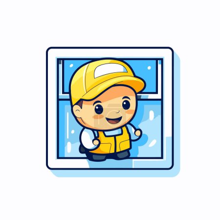 Téléchargez les illustrations : Illustration vectorielle de mignon garçon dessin animé en casque jaune et salopettes debout près de la fenêtre. - en licence libre de droit